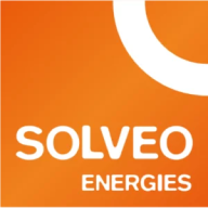 White text reading 'SOLVEO ENERGIES' on an orange background with part of a white circular shape.