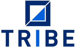 Tribe company logo with a blue stylized geometric square symbol above the word 'TRIBE' in bold blue letters.