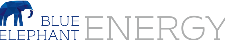 Blue Elephant Energy company logo featuring a stylized blue polygonal elephant graphic.