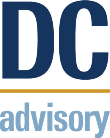 Text logo with large dark blue letters 'DC' above a yellow horizontal line and the word 'advisory' in light blue lowercase letters below.