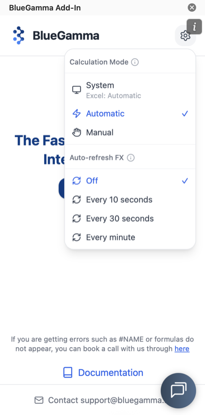 Auto-refresh and calculation-mode settings in the BlueGamma Excel add-in