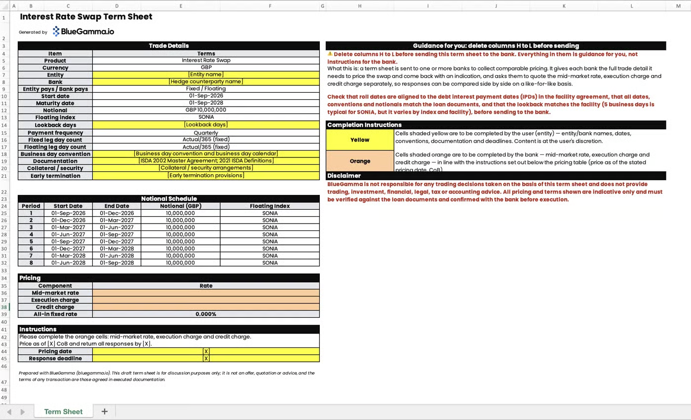 A draft interest-rate swap term-sheet workbook exported from BlueGamma Swap Pricer