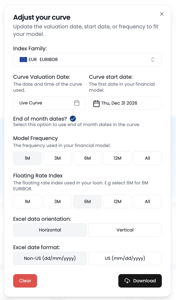 BlueGamma curve adjustment tool: choose the index family, curve valuation date, curve start date, end-of-month dates, model frequency (1M, 3M, 6M, 12M), floating rate index tenor, and Excel orientation and date format, then download