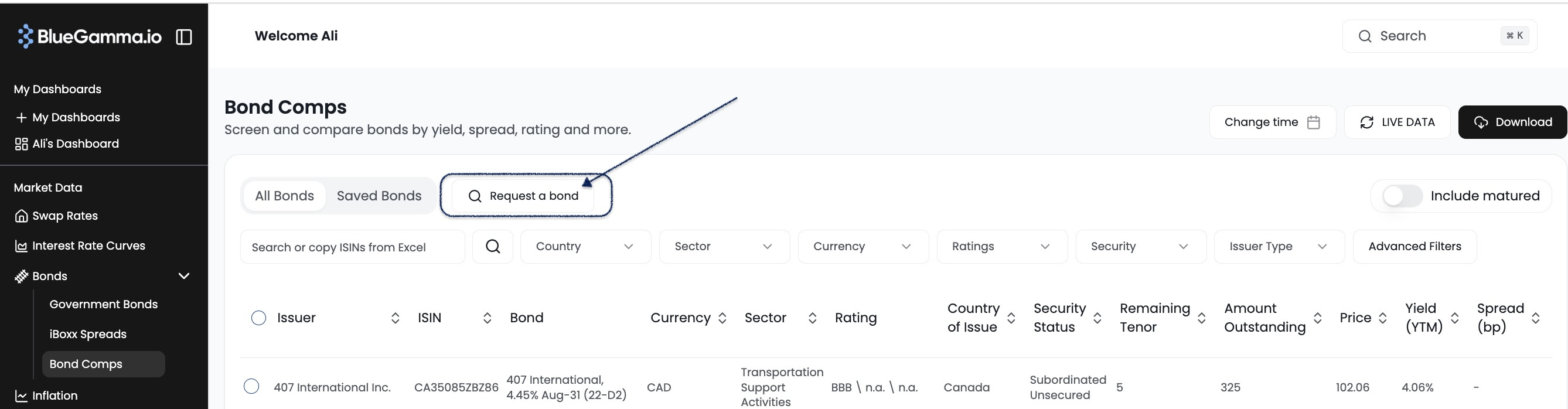 Bond comparables request flow